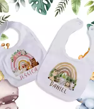 Bavoir bébé personnalisable avec nom et motifs animaliers